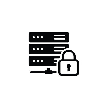 Secure server icon for cybersecurity and data protection, black and white secure server lock vector for server security