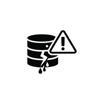 Database breach icon for cybersecurity and data protection, black and white database breach warning vector for data security
