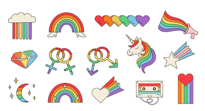Hand-drawn LGBTQ pride outline icons on white background. Retro 70s style stickers with gender symbols, rainbow unicorn, cassette tape, hearts and megaphone for inclusive queer designs. Vector.