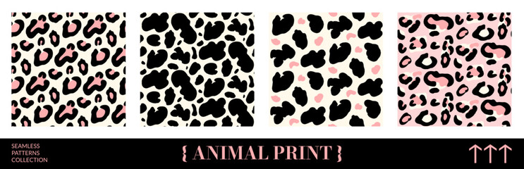 Animal seamless glam pattern with black and pink leopard spot. Girly animalistic print with rosette and blob on cream backdrop. Hand drawn vector illustration with wild freeform texture for fashion. © Syuzann q