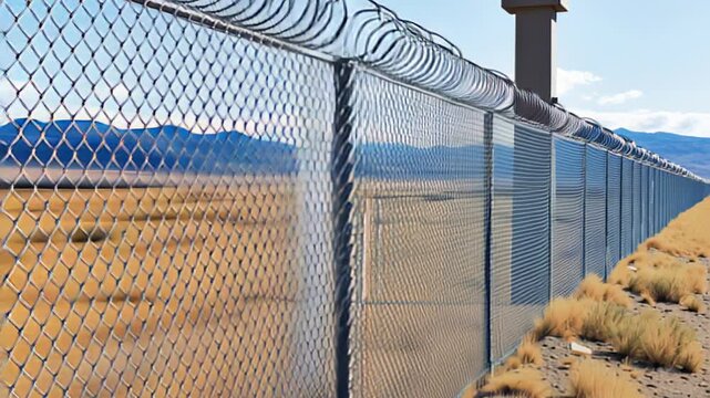 Barbed wire fence along secure facility with watchtower in arid mountain landscape