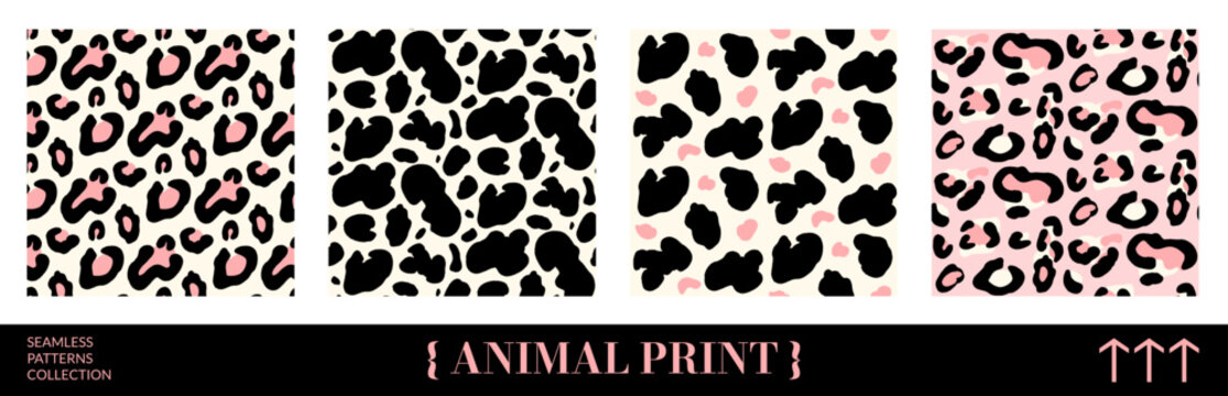 Animal seamless glam pattern with black and pink leopard spot. Girly animalistic print with rosette and blob on cream backdrop. Hand drawn vector illustration with wild freeform texture for fashion.