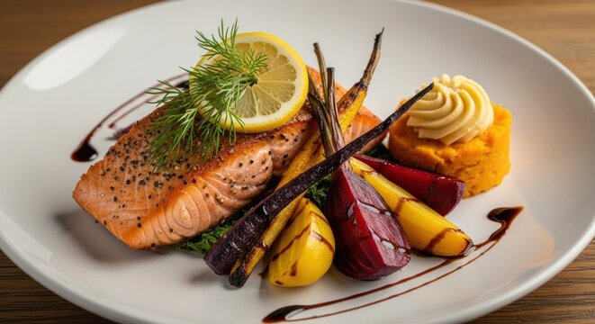 A beautifully plated salmon dish with roasted vegetables, garnished with lemon and herbs, served on a white plate with a wooden table in the background.