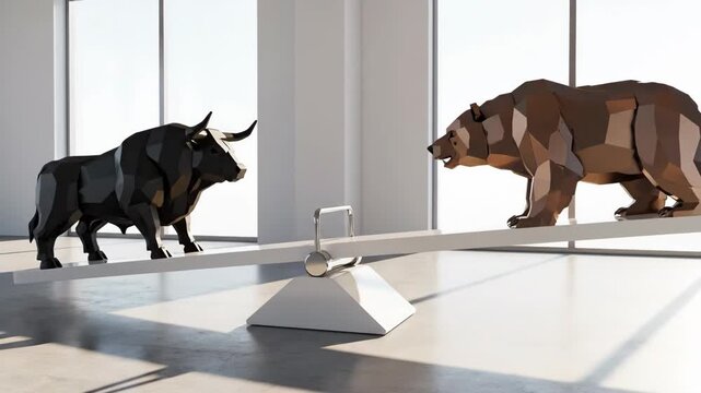 Tense bull and bear conflict on seesaw, powerful symbolic struggle representing market trend volatility and continuous search for balance