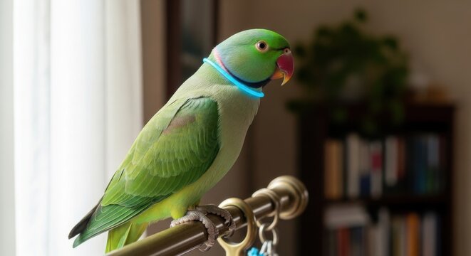 Vibrant Green Indian Ringneck Parrot with a Glowing Blue Light Collar Perched Indoors
