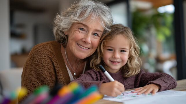 Elderly woman teaching granddaughter traditional anniversary embroidery pattern in sunlit room, intergenerational craft skills and relationship wisdom transfer, perfect for handmad
