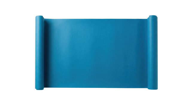 Blank blue unrolled paper scroll top view isolated. Empty banner template.