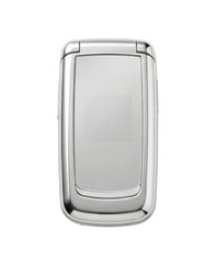 Silver classic flip phone front view isolated. Retro mobile communication device mockup.