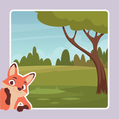 Fototapeta premium Peeking fox. wood background landscape with wild animal fox