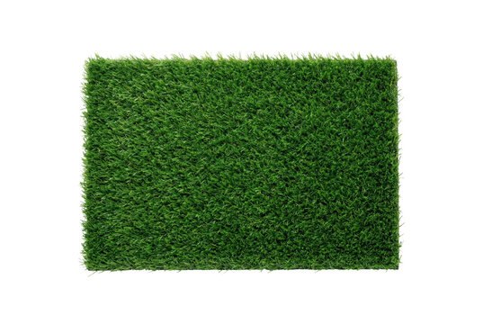 Green artificial grass rectangular patch top view isolated. Synthetic turf background.