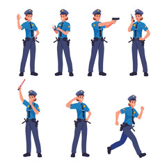 Obraz premium Female police. Woman cop in different action poses exact vector police profession in uniform