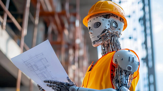 A humanoid robot wearing a construction helmet and a safety vest is studying architectural drawings in front of a construction site.