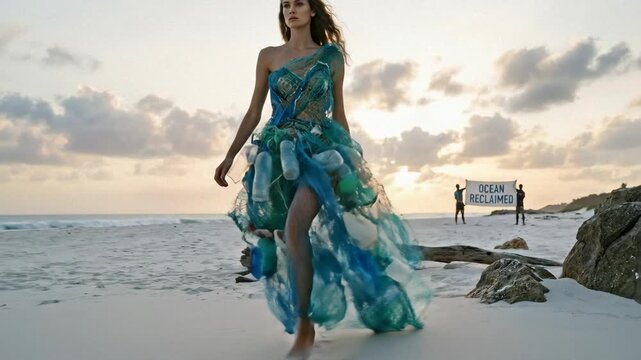 Woman wearing dress of reclaimed ocean plastic walking on beach with environmental banner