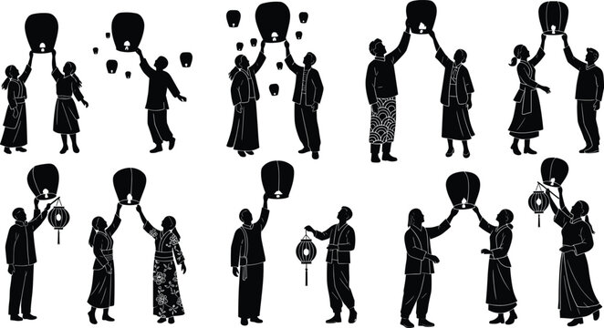 Collection of people releasing sky lantern silhouettes, festival celebration scene with floating lanterns, cultural event tradition icon set for holiday and celebration