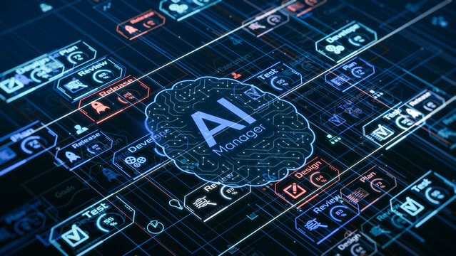 AI assistant for Agile project management, AI automation workflow, project life cycle, conceptual illustration (3d render)