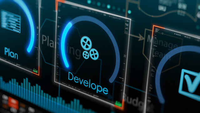 Agile project management, project life cycle, futuristic software interface (3d render)