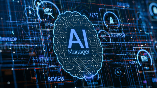 AI assistant for Agile project management, AI automation workflow, project life cycle, conceptual illustration (3d render)