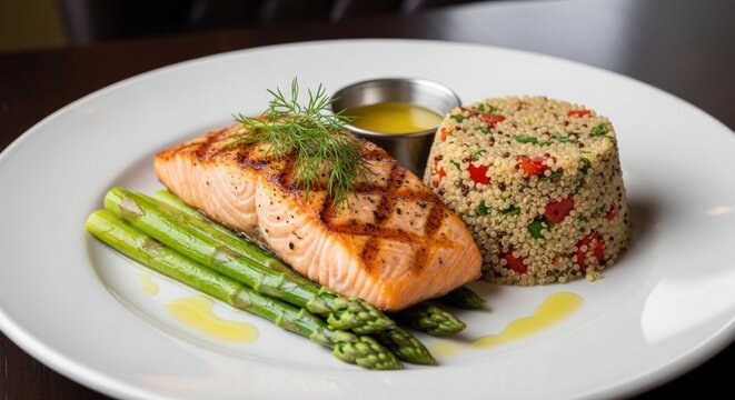 A grilled salmon fillet with asparagus and quinoa on a white plate with a side of dipping sauce.