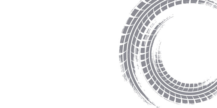 Grunge tire track, wheel braking marks. Truck, car or motorcycle tread pattern silhouette. Auto race, motorsport, speed racing design element. Vector illustration