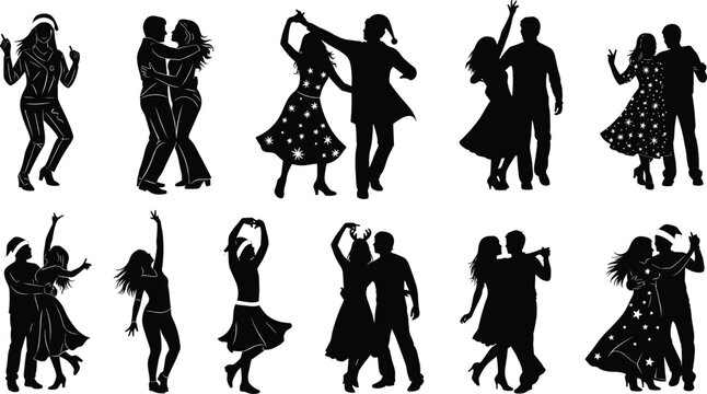 Couple dancing silhouettes collection with men and women performing romantic dance moves, party celebration and social dancing vector set for nightlife and entertainment design