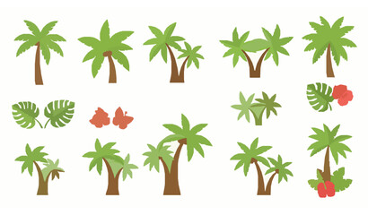 Obraz premium Cartoon palm trees vector set with tropical plants for summer, beach, and tropical decoration isolated on white