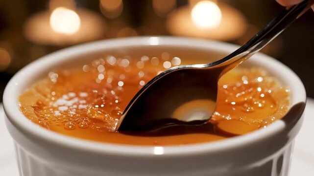 Creme brulee dessert in white ramekin with bokeh lights