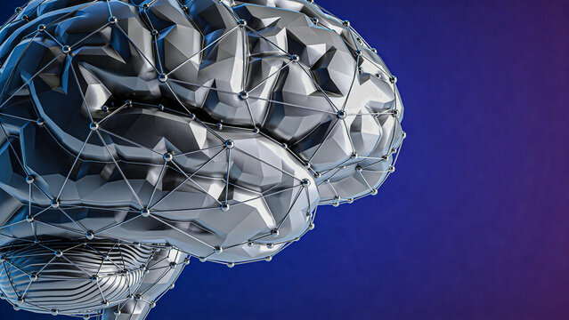 Geometric brain with nodes on dark background, minimal AI and technology concept