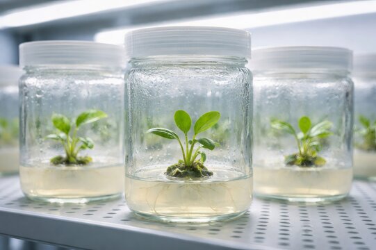Young plantlets developing roots and shoots inside sealed glass jars filled with a nutrient medium, showcasing advanced plant biotechnology and scientific research for new growth