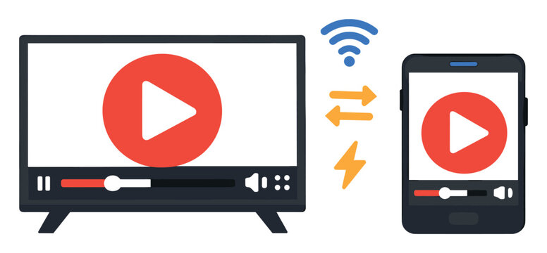 Smartphone wirelessly sharing video playback to a smart television screen, depicting streaming content and casting technology