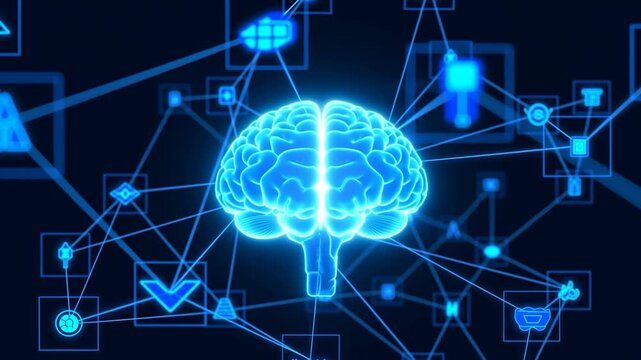 Futuristic digital brain with interconnected data nodes representing artificial intelligence and neural networks. Symbolizes innovation and technology in cognitive computing