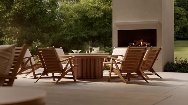 Elegant outdoor dining setup with wooden chairs and a round table, perfect for gatherings and relaxation in a serene garden setting. Ideal for entertaining and outdoor living