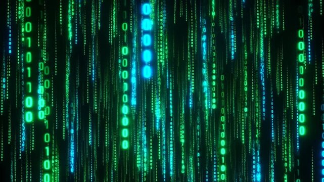Digital binary code rain in vibrant green and blue colors. Represents data flow, technology, and the digital age