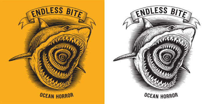 Surreal Infinity Shark Mouth Illustration, Endless Teeth Vortex Ocean Horror Design, Engraving Style Marine Predator