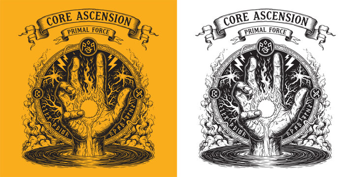 Occult Hand of Power with Energy Orb, Core Ascension Primal Force Ritual, Viking Rune Circle Engraving