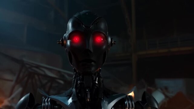 Futuristic humanoid robot with glowing red eyes in a post-apocalyptic setting. Represents advanced technology and the potential consequences of artificial intelligence