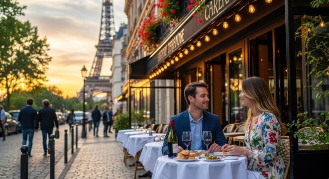 A couple sitting at a Parisian cafe, enjoying a meal with the Eiffel Tower in the background.
