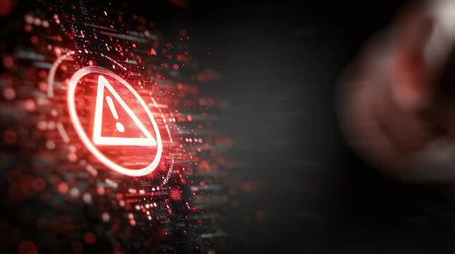 Futuristic digital warning symbol with glowing red interface