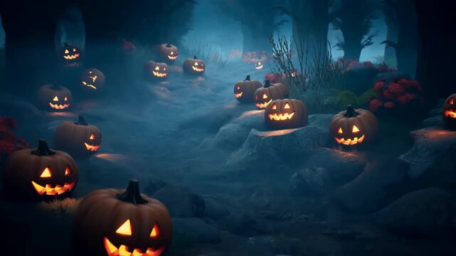 Enchanted Halloween forest path illuminated by glowing jack-o'-lanterns. A magical atmosphere perfect for spooky celebrations and autumn festivities