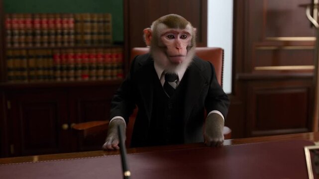 A monkey dressed in a suit sitting at a desk in an office setting. Represents humor in corporate environments and the blending of animal and human traits