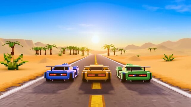 Colorful pixelated racing cars lined up on a desert road at sunset. A vibrant scene representing competition, adventure, and gaming nostalgia