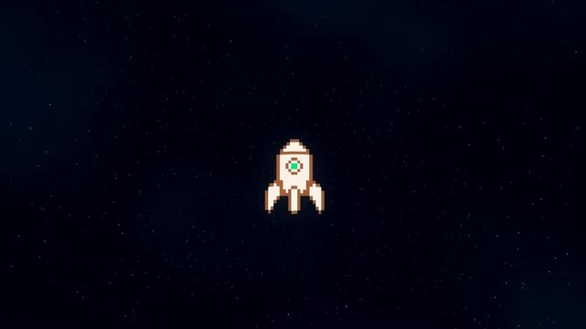 Pixelated rocket ship flying through a starry space background. Represents adventure, exploration, and the excitement of space travel