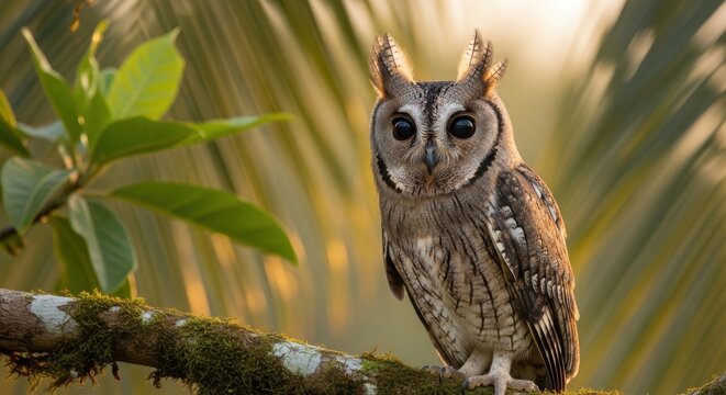 Sula Scops Owl with Prominent Ear Tufts Perched on Mossy Branch in Soft Sunlight