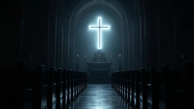 Silent cathedral with luminous cross silhouette and reflective floors