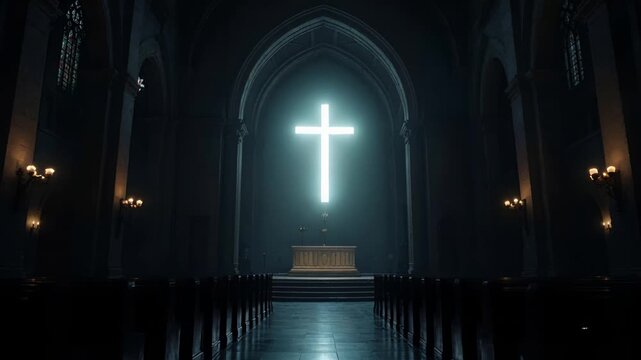 Serene church scene with flickering candles and shadowed aisles