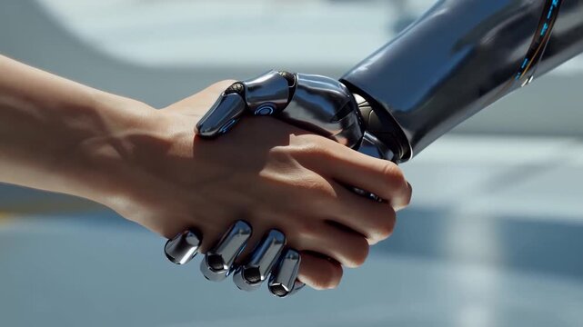 Human and robotic hand shaking in a futuristic setting. Symbolizes collaboration between technology and humanity, showcasing innovation and partnership