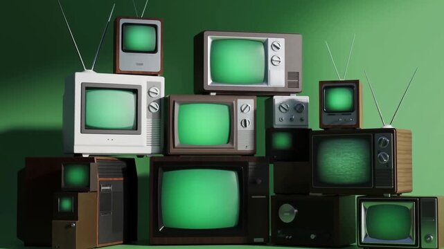 Vintage televisions stacked together with green screens. A nostalgic representation of retro media technology and its evolution over time