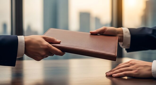 Business professionals exchanging important documents during a formal meeting