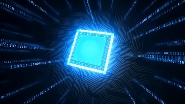 Futuristic computer chip surrounded by glowing binary code. Represents the advancement of technology and digital innovation