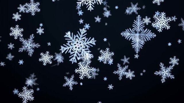 Snowflakes gently falling against a dark background. Capturing the beauty and tranquility of winter, perfect for seasonal themes and holiday projects