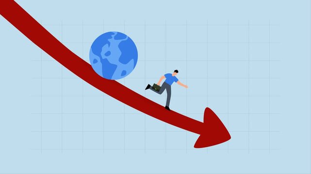 World economic recession, 4k animation of Stressed entrepreneur investor flees from plummeting planet